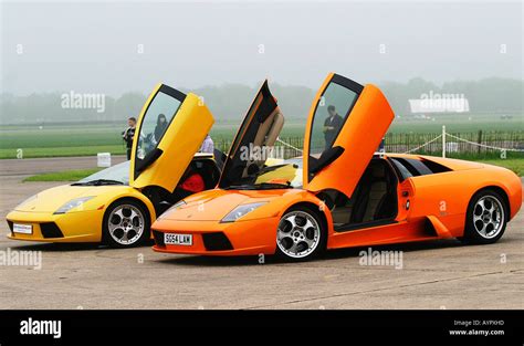 Front quarter view of Lamborghini Murcielago and Gallardo together with doors open Stock Photo ...