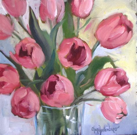 Dancing Brush - Art by Cheri Wollenberg: Pink Tulips Oil Painting