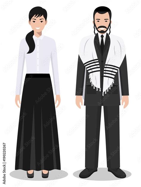 Set of standing together jewish man and woman in the traditional ...