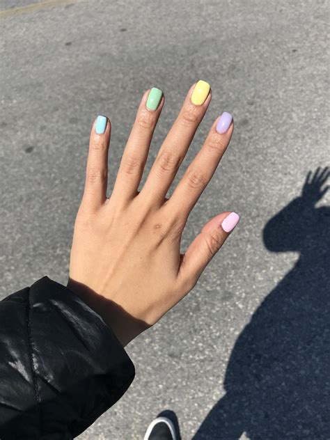 fun nail designs, rainbow pastel nails, different colored nails, different color nails, spring ...