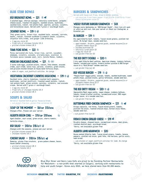 Menu at Blue Star Diner restaurant, Calgary