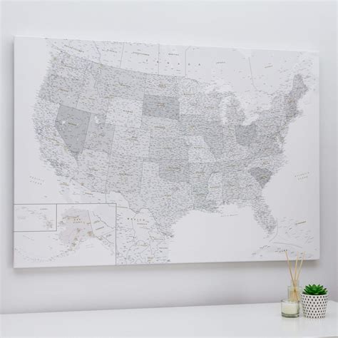 Push Pin USA Map - Grey & White (Detailed) - Push Pin Travel Maps