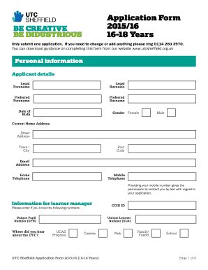 Fillable Online utcsheffield org Application Form 201516 16-18 Years ...