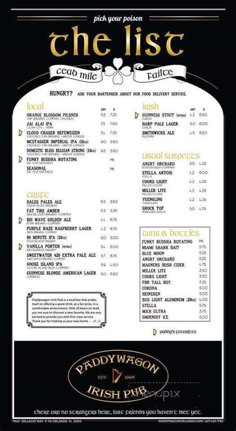 Menu of Paddywagon Irish Pub in Orlando, FL 32819