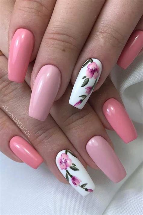 Pretty Pink Coffin Nails with Flowers | Pink nail art, Light pink nails, Light pink nail designs