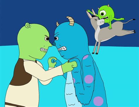 Sulley and Mike vs Shrek and Donkey by RobsonDoodle on DeviantArt