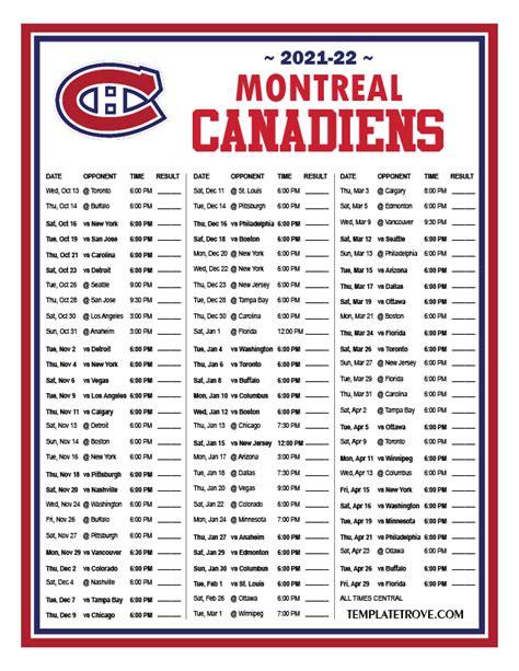 Printable 2021-2022 Montreal Canadiens Schedule