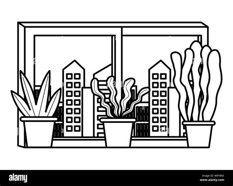 Windows with plant pots cartoon in black and white Stock Vector Image & Art - Alamy