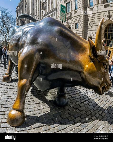 NEW YORK, USA-MARCH 9, 2020:Charging Bull, Wall Street Bull, a bronze ...