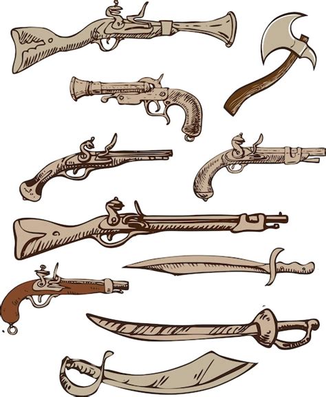 Premium Vector | Set of pirate weapons in the style of vintage graphics