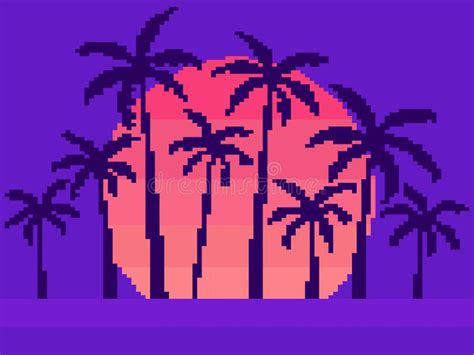 Pixel Art Palm Trees at Sunset in 80s Style. 8-bit Sun Synthwave and Retrowave. Retro 8-bit ...