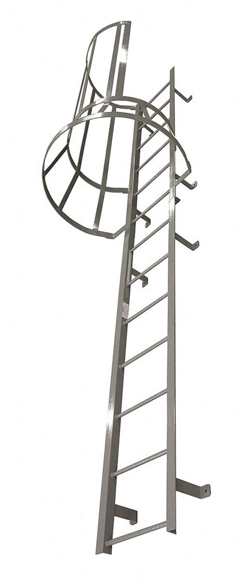 COTTERMAN 18 ft 3 in Steel Fixed Ladder with Safety Cage, Right Exit, 300 lb Load Capacity ...