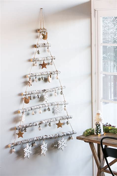 Tree Branch Christmas Décor with Hanging Ornaments | Wall christmas tree, Tree branch ornaments ...