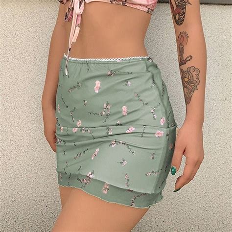 Y2K Green Floral Print & Double Layer Designed High Waisted - Etsy