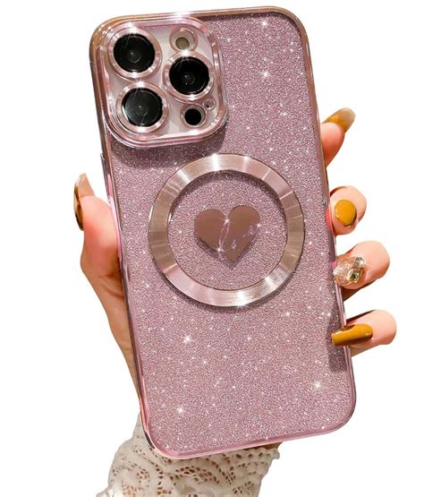 Pink iphone 15 pro max 6 7 inch case with magsafe plating heart glitter ...