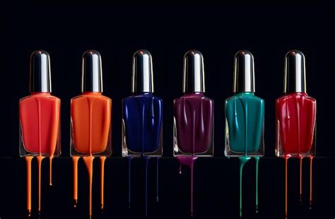 Premium AI Image | Orange blue purple and teal nail polish bottles dripping on black background