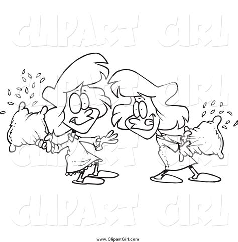 Clip Art of Cartoon Black and White Girls Having a Pillow Fight by toonaday - #3998