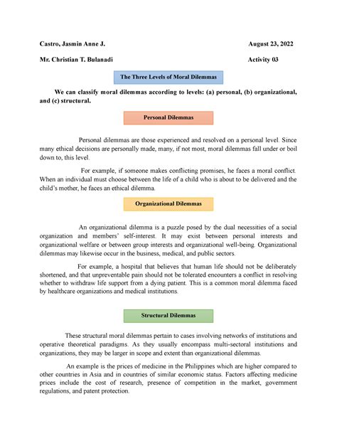 3 Levels of Moral Dilemmas - Castro, Jasmin Anne J. August 23, 2022 Mr. Christian T. Bulanadi ...