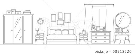 Cozy bedroom with furniture line art interior...のイラスト素材 [68518526] - PIXTA