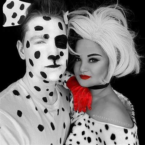 Cruella and Dalmatian Halloween Makeup Couple Costume | Cute halloween costumes, Couples ...