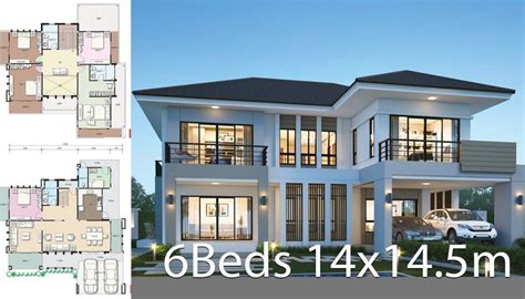 House design plan 14x14.5m with 6 bedrooms | Bungalow house design, Home design plans, House ...