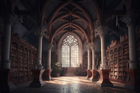 Premium Photo | Gothic library with large steel beams and many books Generative AI