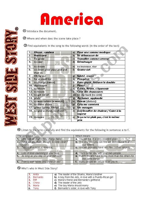 America, song from West Side Story - ESL worksheet by isabelle.saintigny