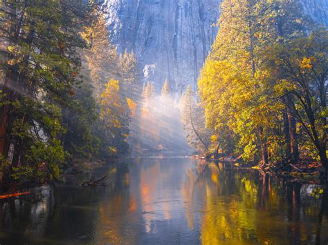 Yosemite Fall Reflections Merced River Mists Yosemite Autumn Colors Red Yellow Orange Green ...