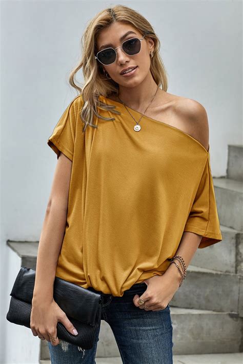 Victoria Womens Off-The-Shoulder Slash Neck Casual Loose Fitting Top Yellow - Amber Millet