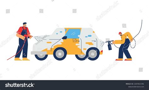 Car Wash Employees Cartoon Characters Washing Stock Vector (Royalty ...