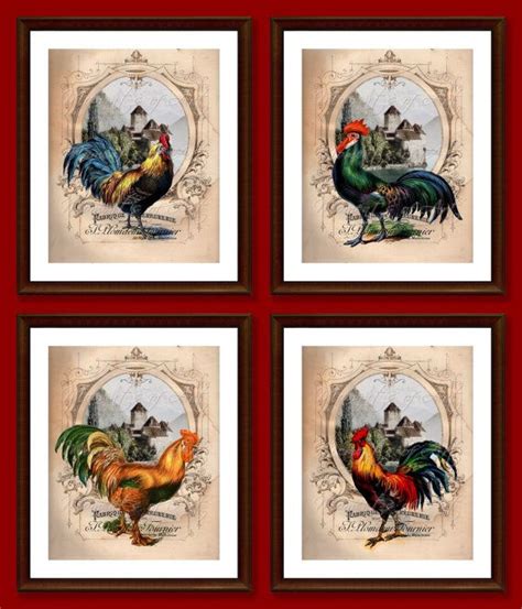 Set of 4 Rooster Wall Art Prints Kitchen Decor French | Etsy | Rooster wall art, Country rooster ...