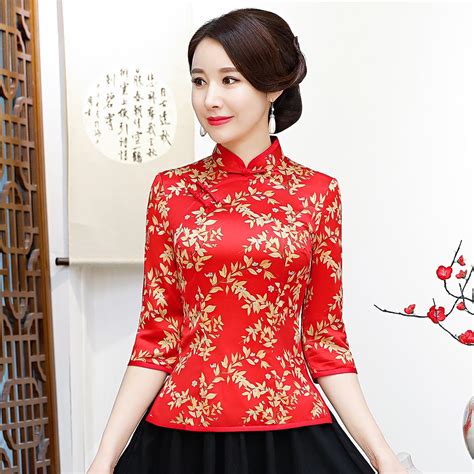 Chinese Red Women Wedding Clothing Sexy Flower Shirt Elegant Female Mandarin Collar Evening ...