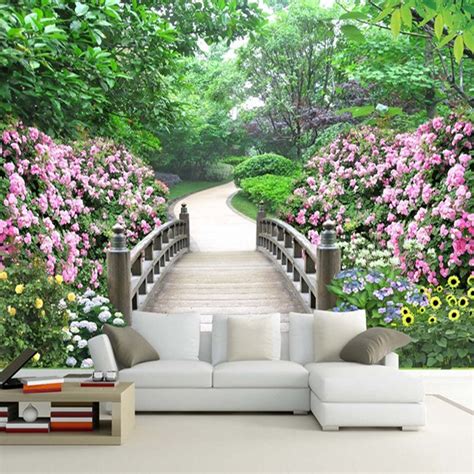 Custom 3D Wallpaper Wall Mural Garden Small Bridge | BVM Home