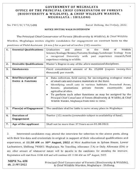 Meghalaya Forest Department Recruitment Field Assistant Posts