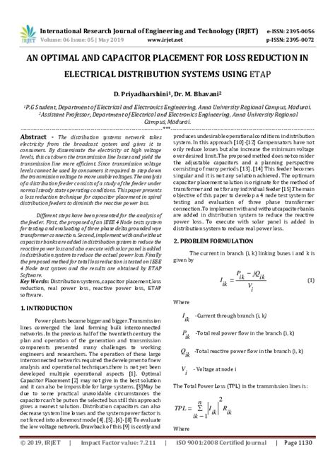 (PDF) IRJET- AN OPTIMAL AND CAPACITOR PLACEMENT FOR LOSS REDUCTION IN ...