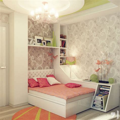 Charming Girl Bedroom Ideas Floral Patterned Wallpaper Small Bookcase ...