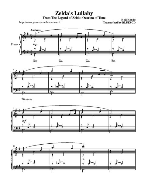 The Legend of Zelda, Zelda's Lullaby Piano Sheet Music