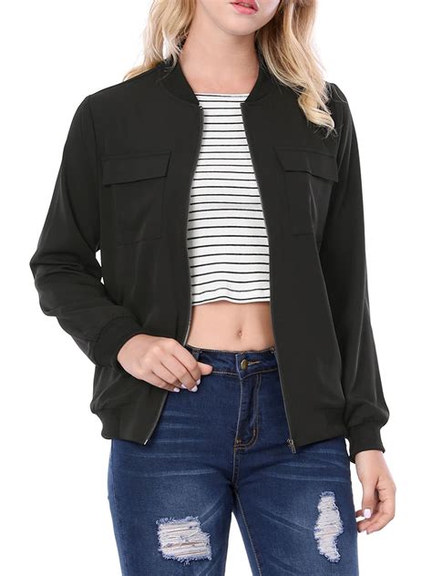 Unique Bargains Women's Zip Up Pocket Lightweight Casual Classic Bomber Jacket - Walmart.com