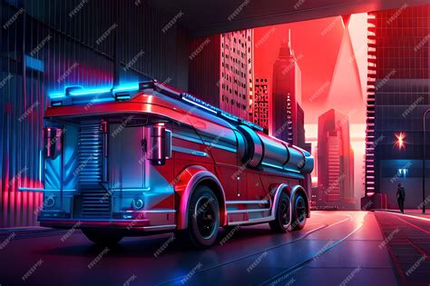 Premium AI Image | A futuristic fire truck with a neon sign in the background.