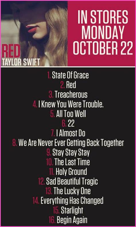 Taylor Swift "Red" Track List | Taylor swift songs, Taylor swift album, Taylor swift music