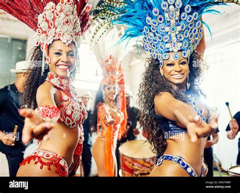 Portrait of women, samba and carnival band in Brazil for celebration ...