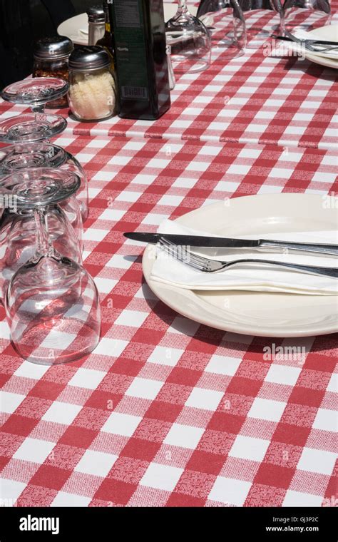 Outdoor Restaurant Dining Table and Place settings with Checkered Tablecloths, , Little Italy ...