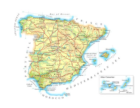 Large detailed physical map of Spain with roads, cities and airports | Vidiani.com | Maps of all ...