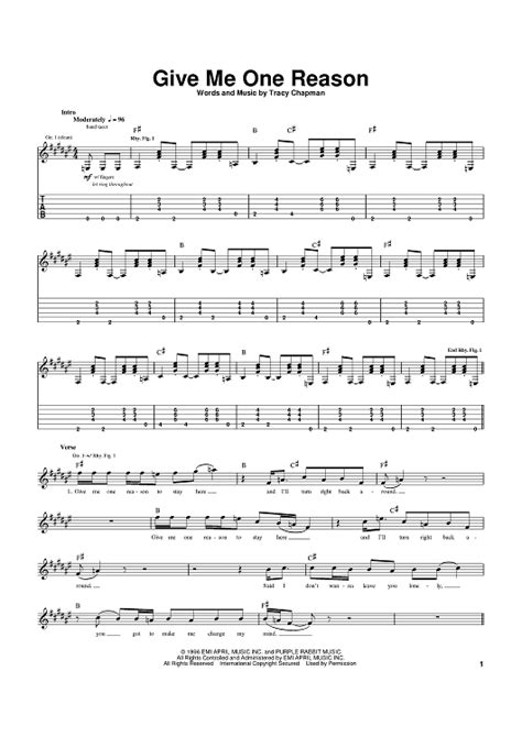 Give Me One Reason" Sheet Music by Tracy Chapman for Guitar Tab - Sheet ...