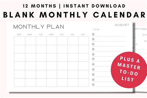 Blank Monthly Calendar Printable Landscape, Minimalist Calendar ...