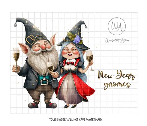 New Year Gnomes Clipart Png, Watercolor, Couple of Gnomes Celebrating New Year, Formal Dress ...