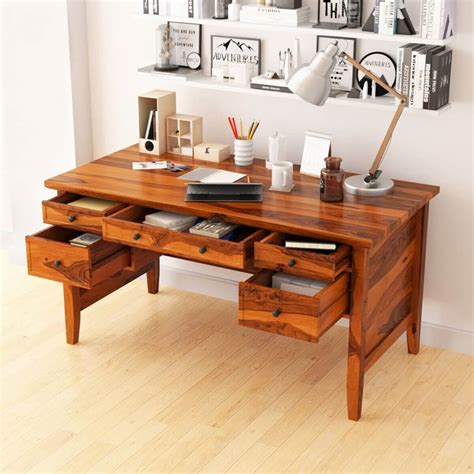 Calypso Solid Wood 60 Inch Large Modern Writing Desk With 5 Drawers