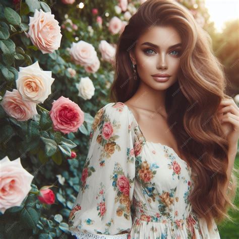 Premium AI Image | imagem woman with long hair in front of a rose bush