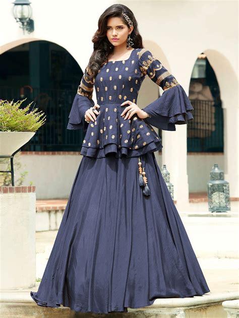 Blue Silk Plain Designer Lehenga Choli with Layered Sleeved Peplum Blouse | Gown party wear ...