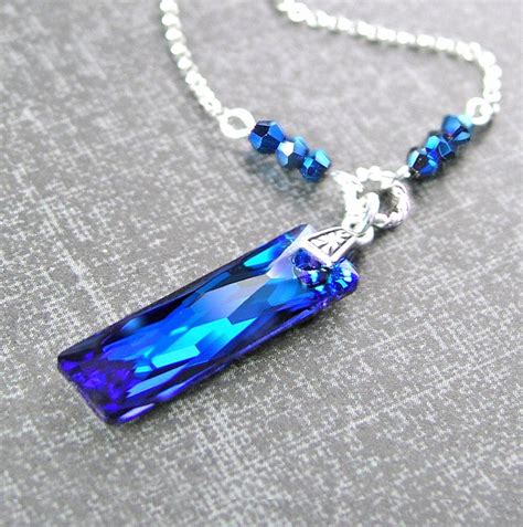 Dark Blue Crystal Necklace Sterling Silver Swarovski Crystal